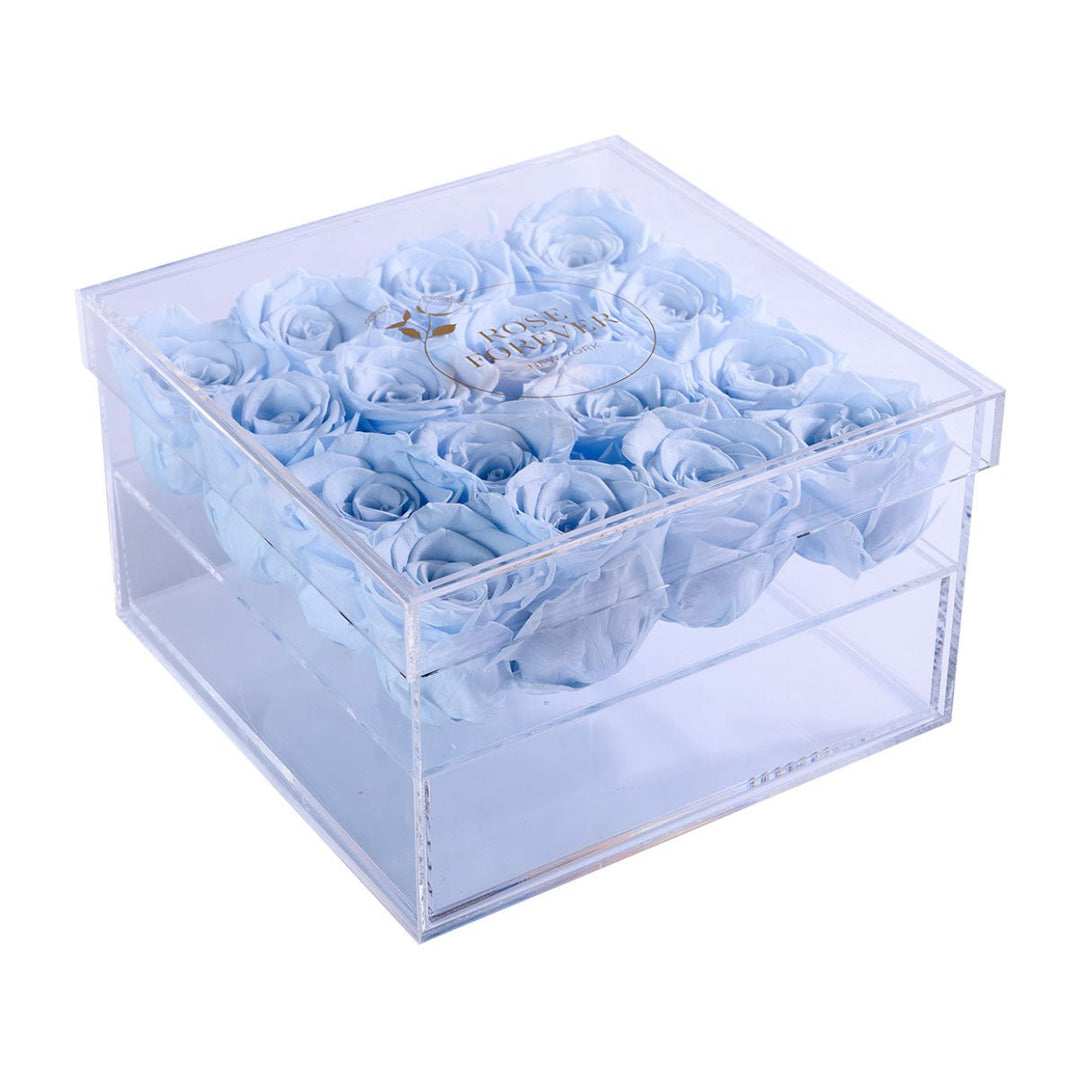 16 Baby Blue Roses - Crystal Square Box - Rose Forever