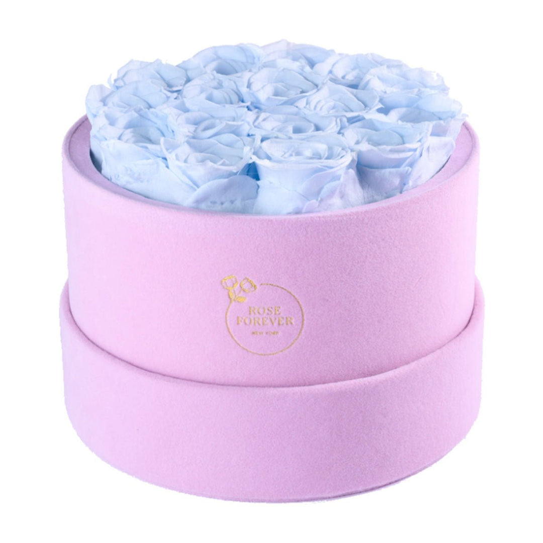 16 Baby Blue Roses - Pink Round Suede Box - Rose Forever