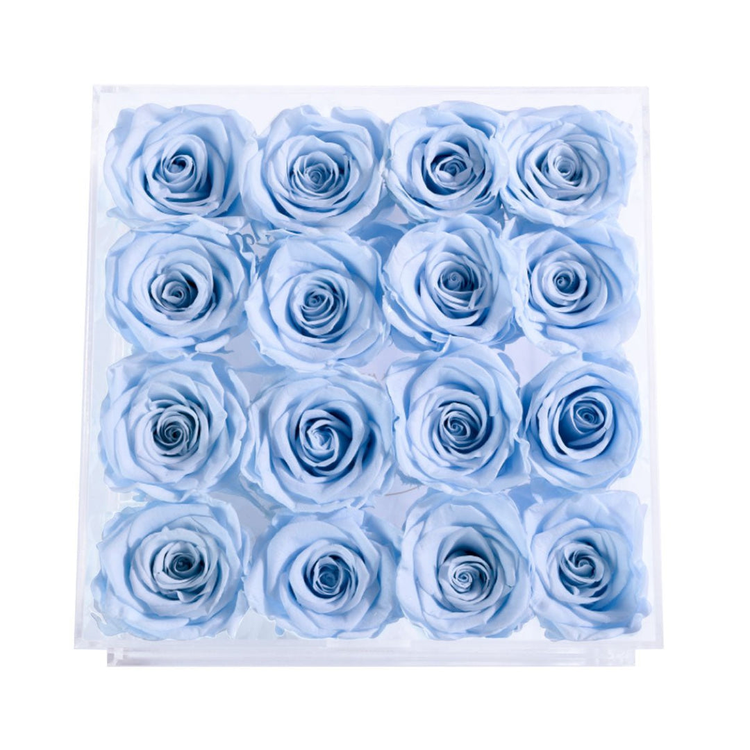 16 Baby Blue Roses - Square Crystal Box - Rose Forever
