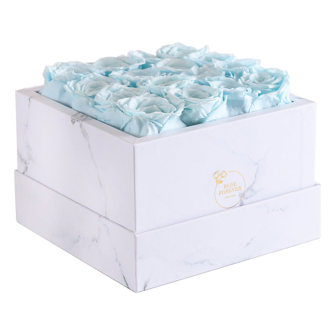 16 Baby Blue Roses - White Square Marble Box - Rose Forever