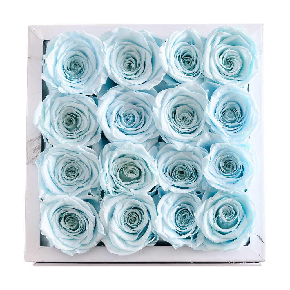 16 Baby Blue Roses - White Square Marble Box - Rose Forever