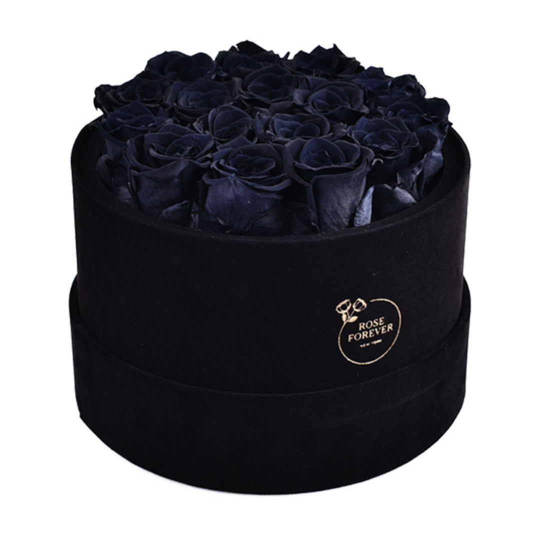 16 Black Roses - Black Round Velvet Box - Rose Forever