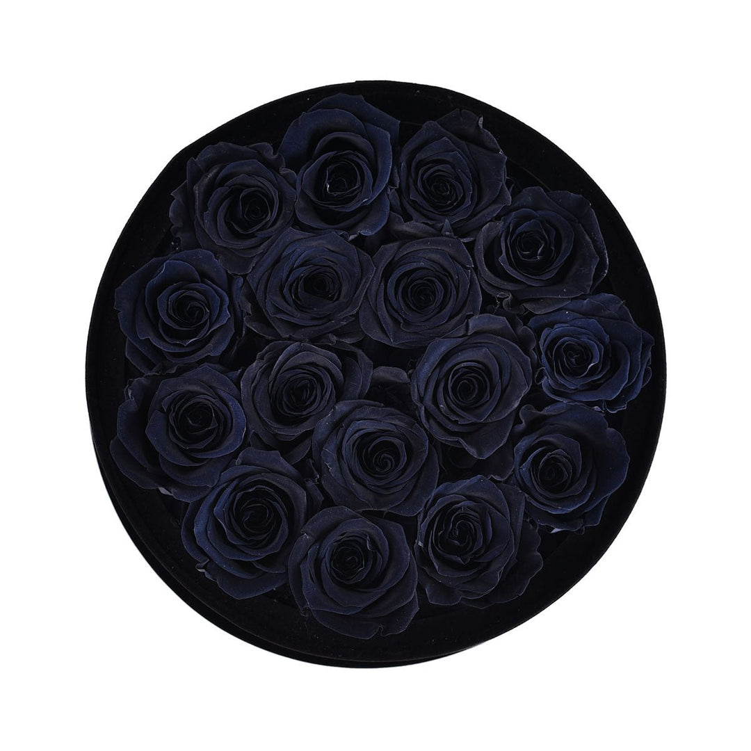 16 Black Roses - Black Round Velvet Box - Rose Forever