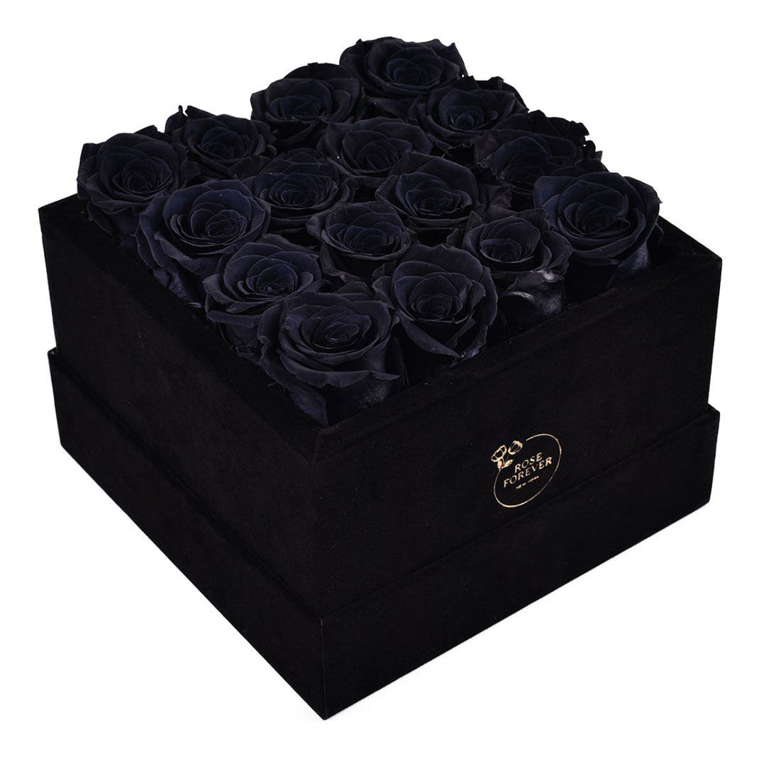 16 Black Roses - Black Square Velvet Box - Rose Forever