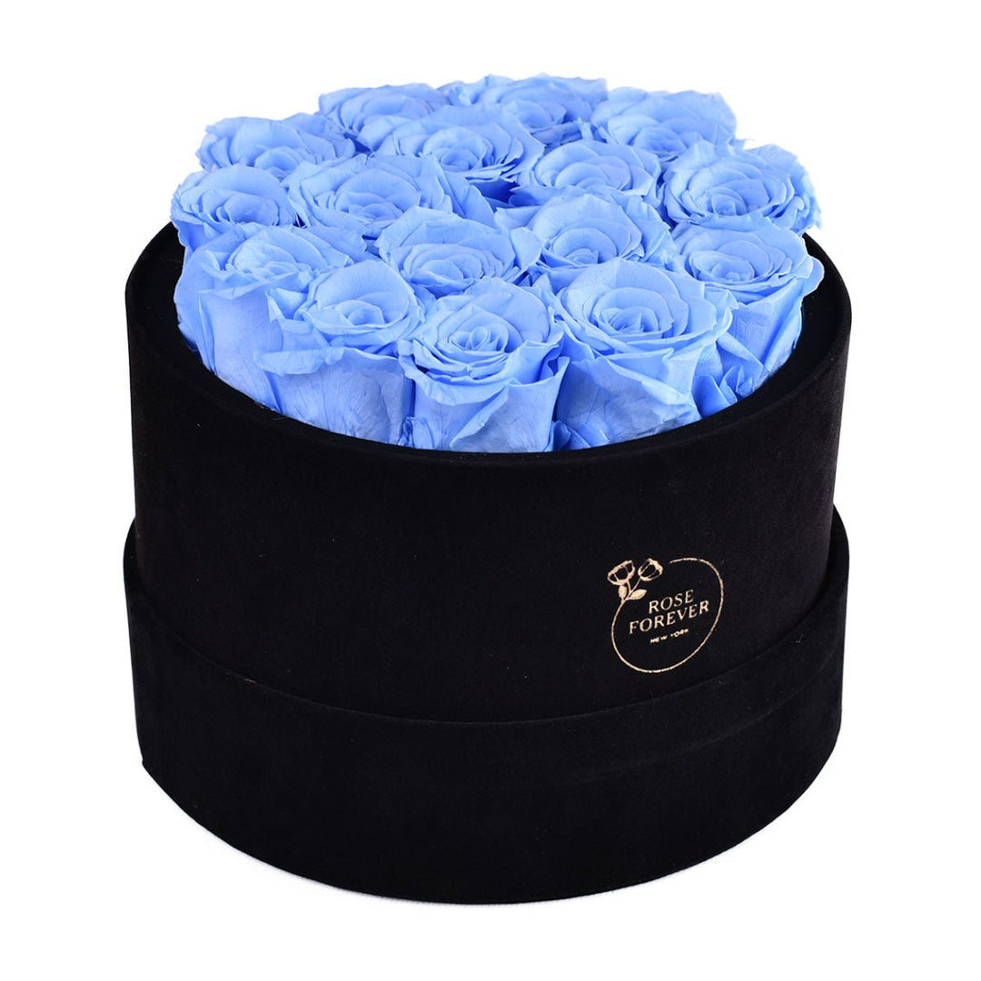 16 Blue Roses - Black Round Velvet Box - Rose Forever
