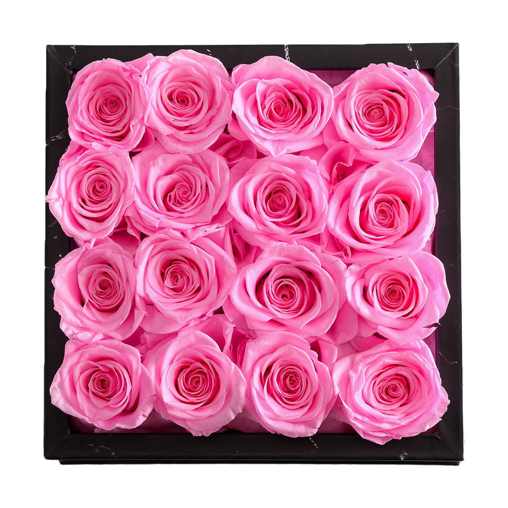 16 Fuchsia Roses - Black Marble Square Box - Rose Forever
