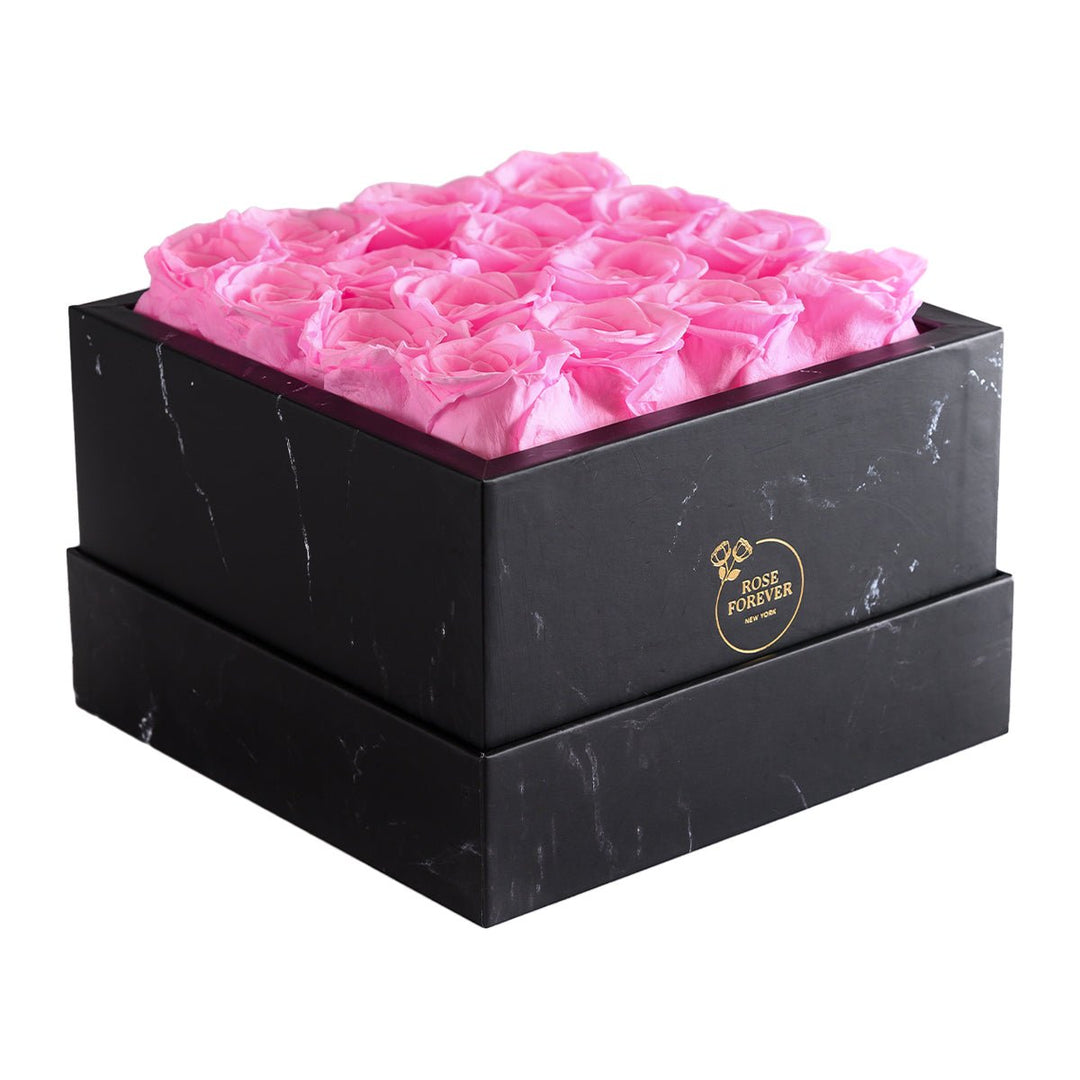 16 Fuchsia Roses - Black Marble Square Box - Rose Forever
