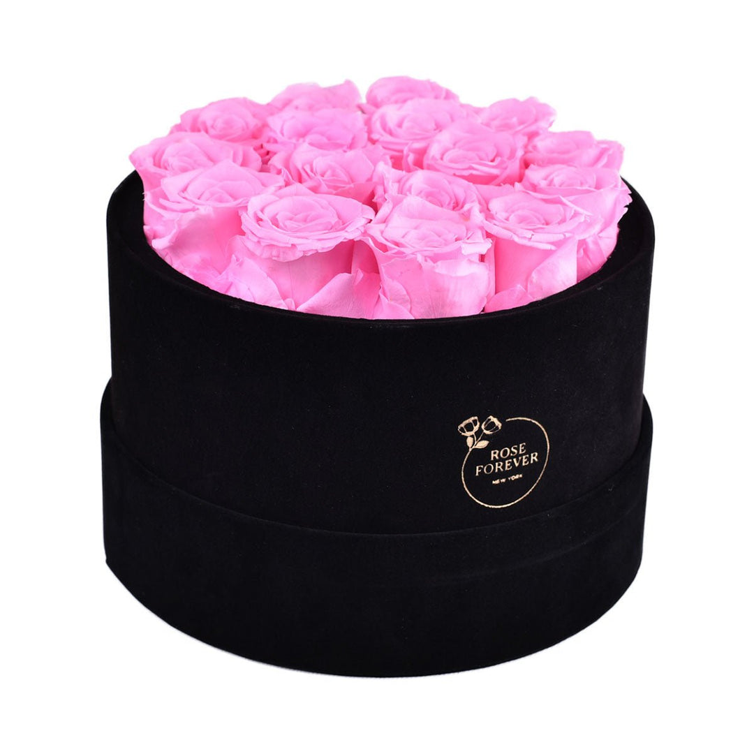 16 Fuchsia Roses - Black Round Velvet Box - Rose Forever