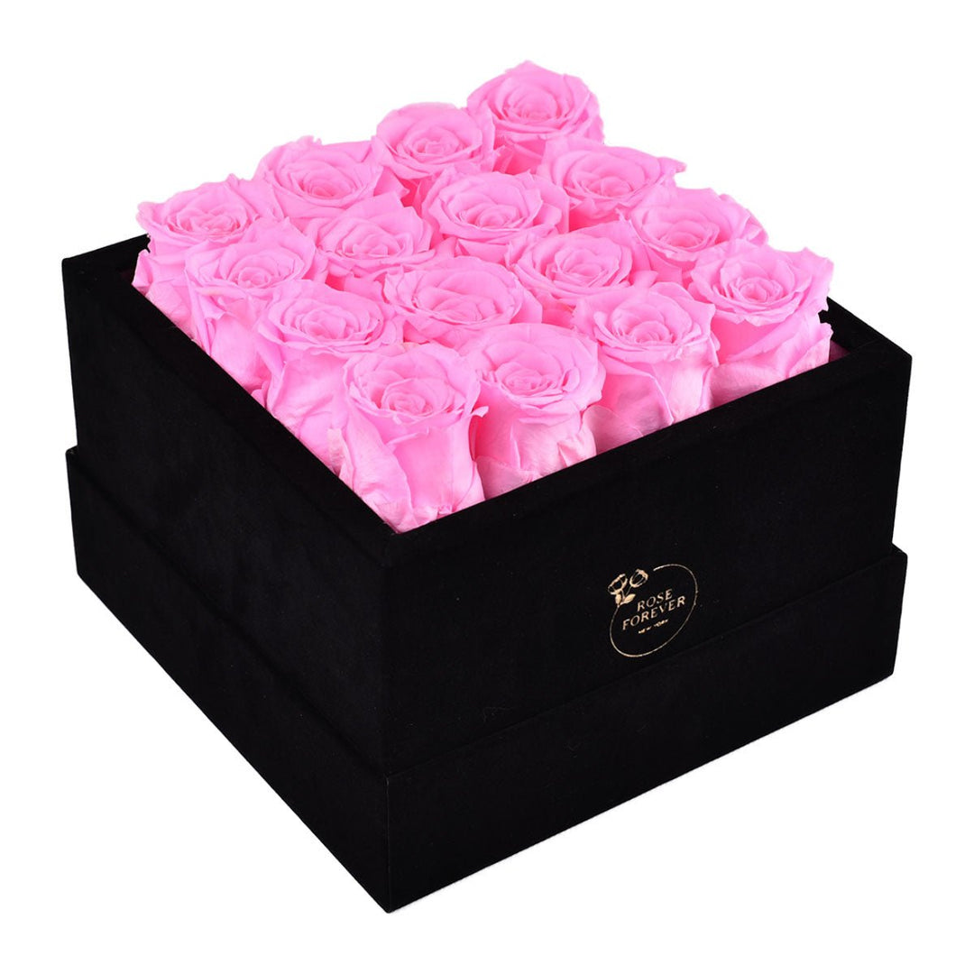 16 Fuchsia Roses - Black Square Velvet Box - Rose Forever