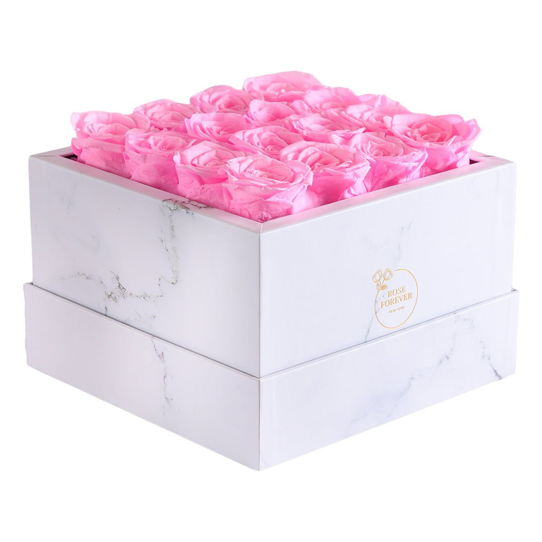 16 Fuchsia Roses - White Square Marble Box - Rose Forever