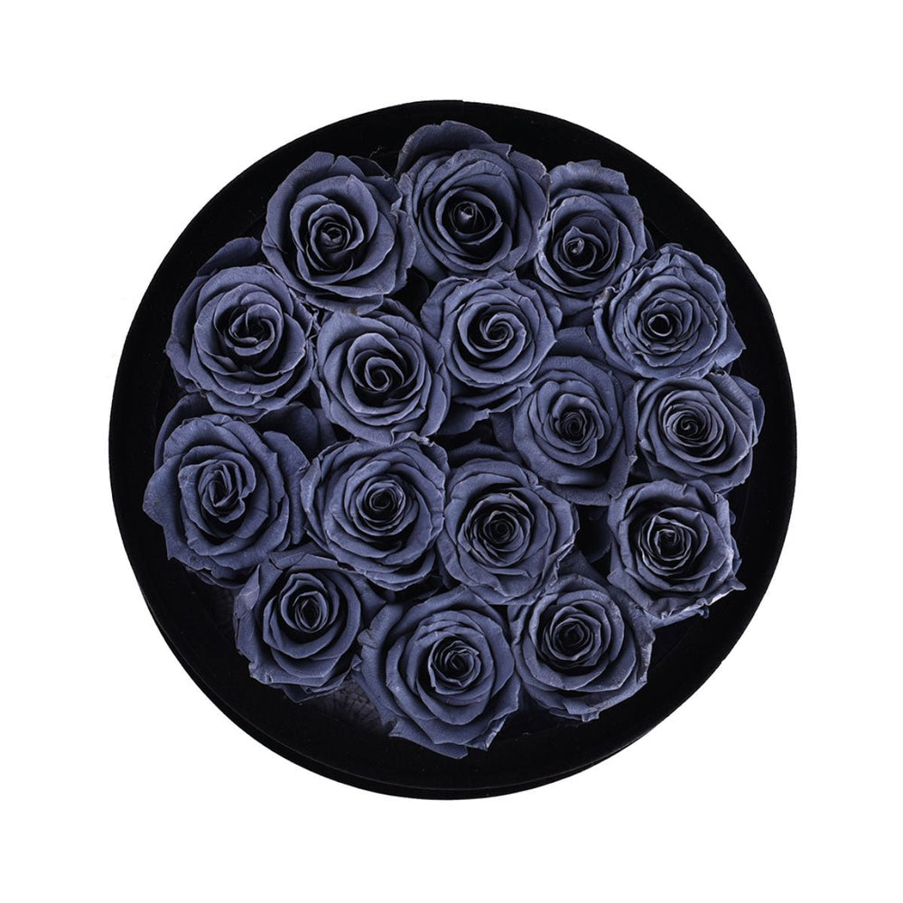 16 Grey Roses - Black Round Velvet Box - Rose Forever