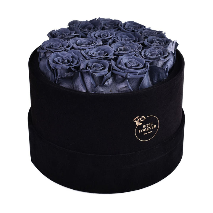 16 Grey Roses - Black Round Velvet Box - Rose Forever