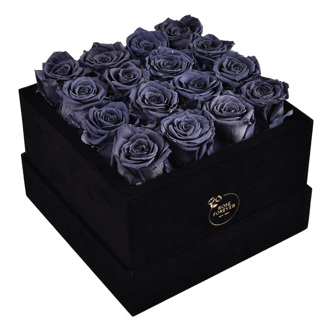 16 Grey Roses - Black Square Velvet Box - Rose Forever