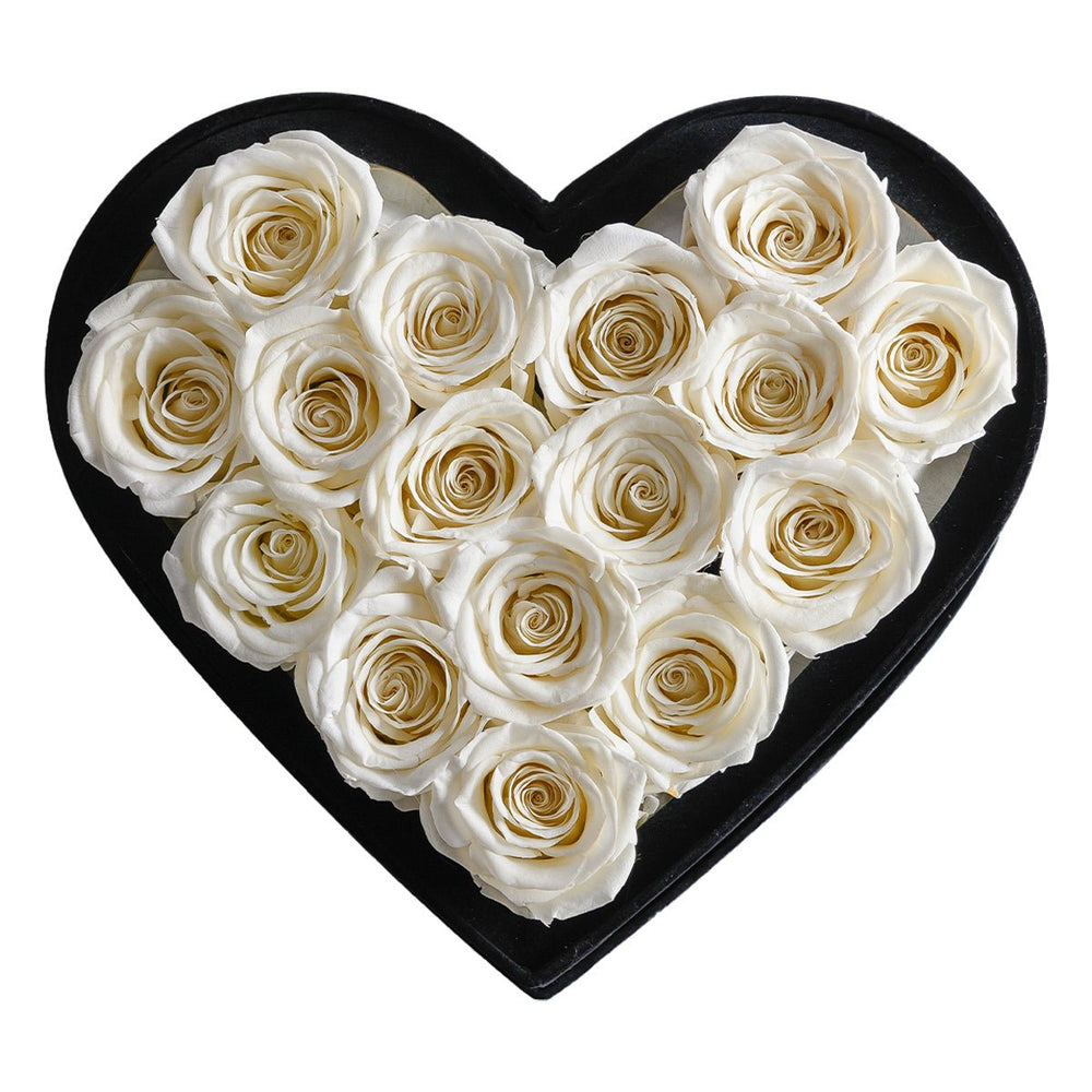 16 Ivory Roses - Black Heart Box - Rose Forever