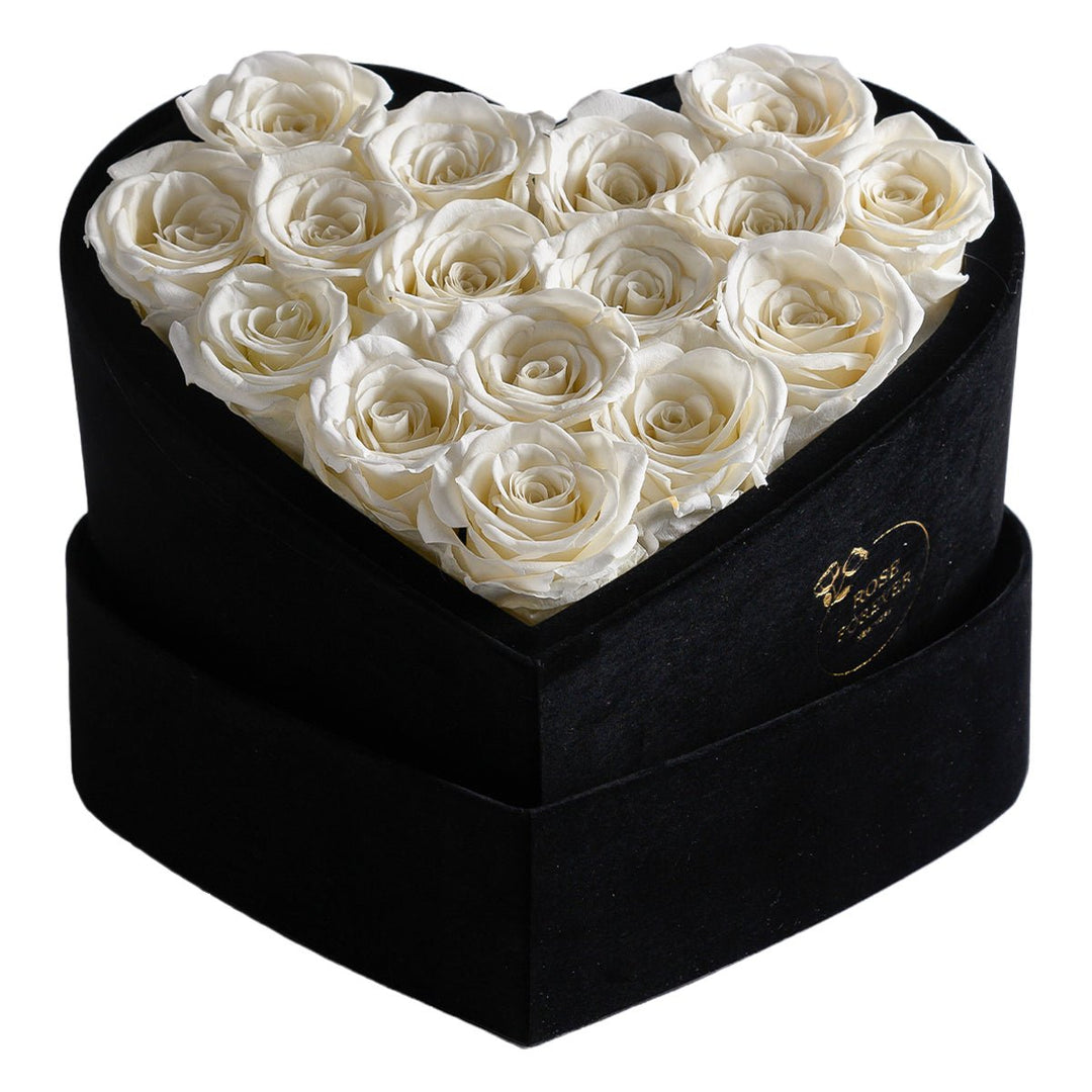 16 Ivory Roses - Black Heart Box - Rose Forever