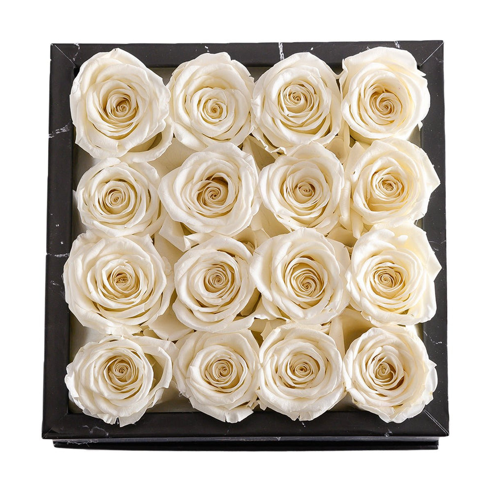 16 Ivory Roses - Black Marble Square Box - Rose Forever
