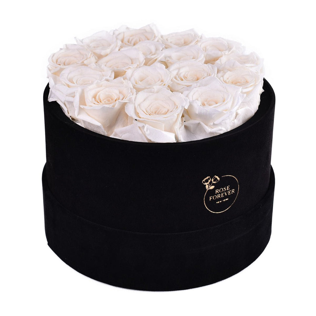 16 Ivory Roses - Black Round Velvet Box - Rose Forever