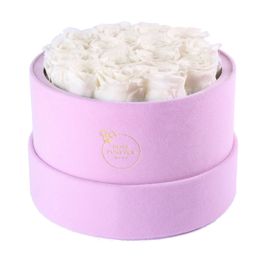 16 Ivory Roses - Pink Round Suede Box - Rose Forever