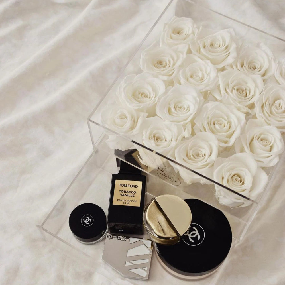 16 Ivory Roses - Square Crystal Box - Rose Forever