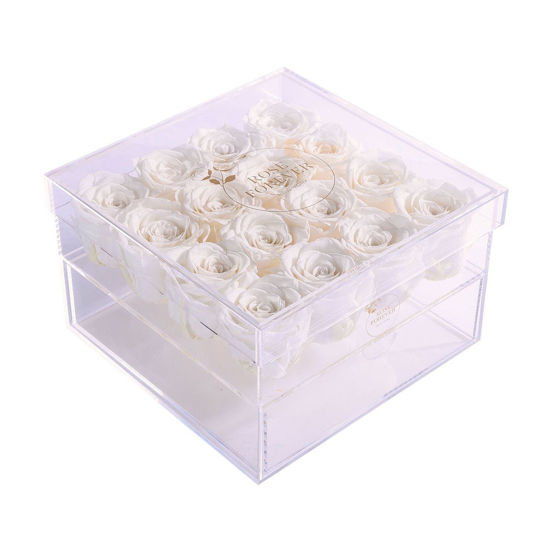 16 Ivory Roses - Square Crystal Box - Rose Forever