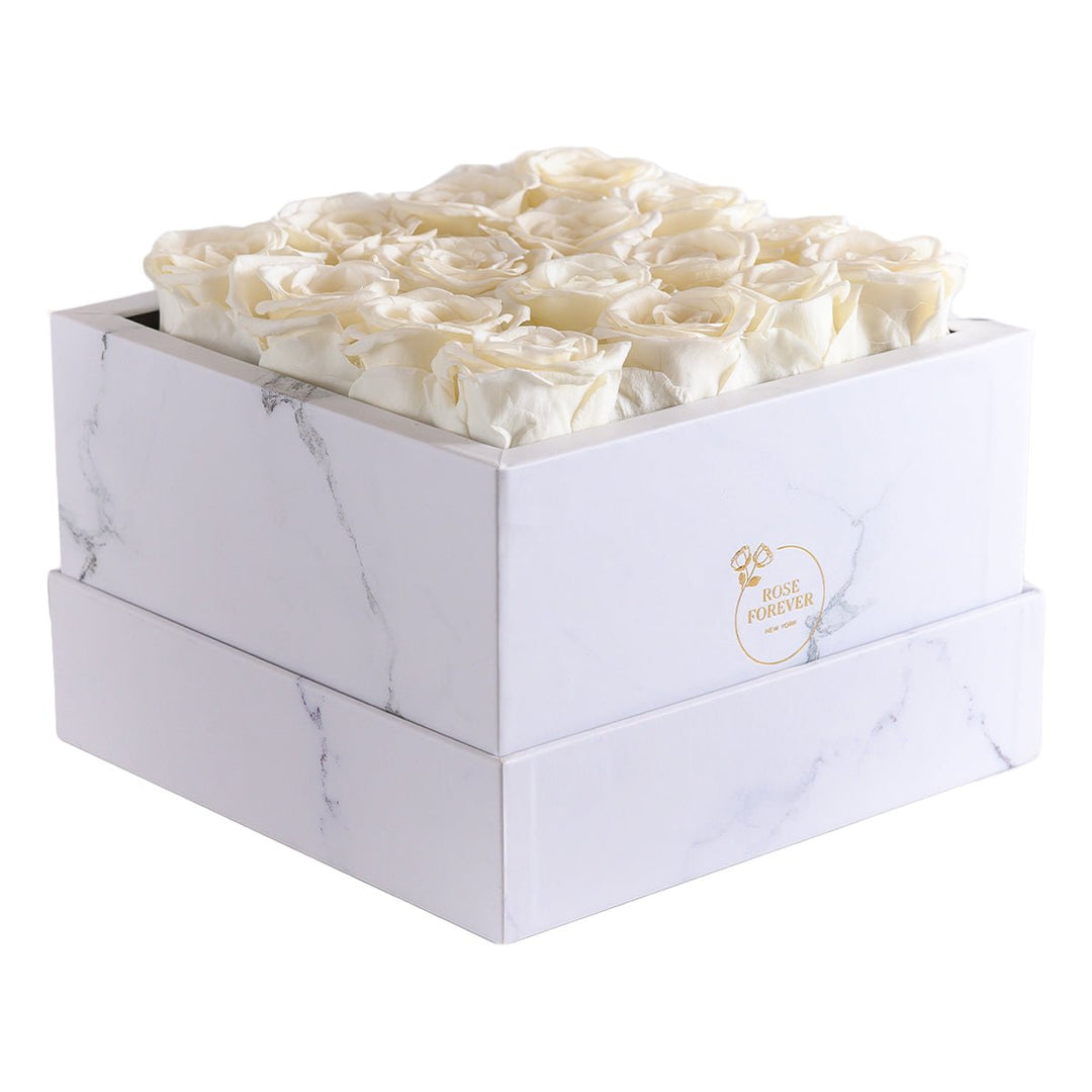 16 Ivory Roses - White Square Marble Box - Rose Forever