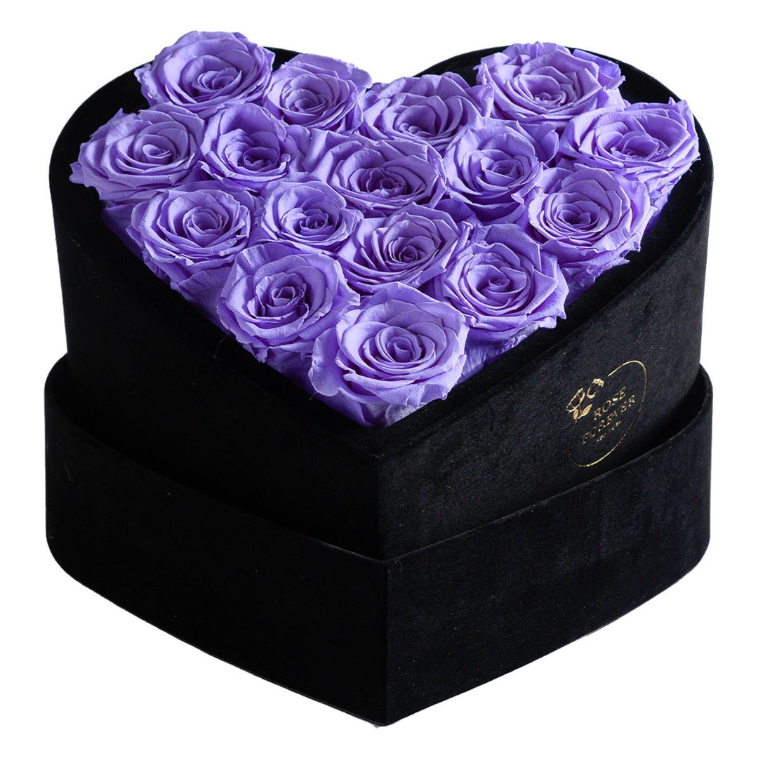 16 Lavender Roses - Black Heart Box - Rose Forever