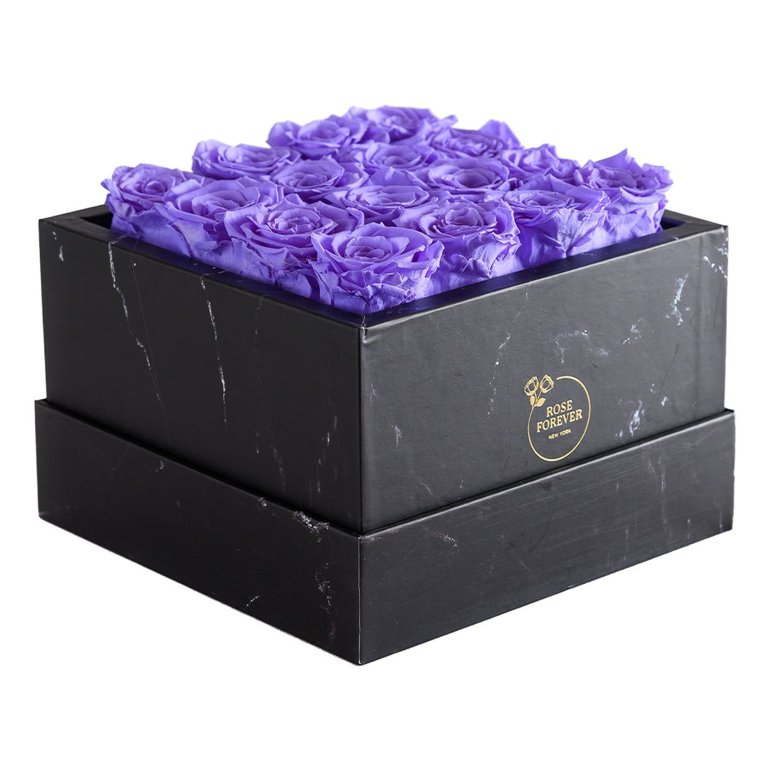 16 Lavender Roses - Black Marble Square Box - Rose Forever