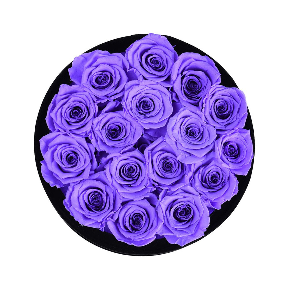 16 Lavender Roses - Black Round Velvet Box - Rose Forever