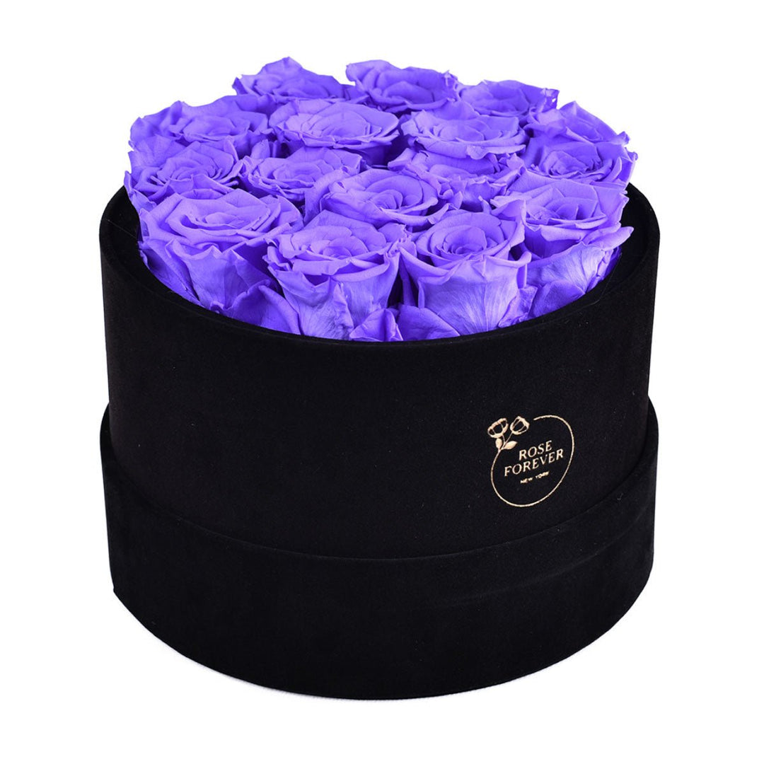 16 Lavender Roses - Black Round Velvet Box - Rose Forever