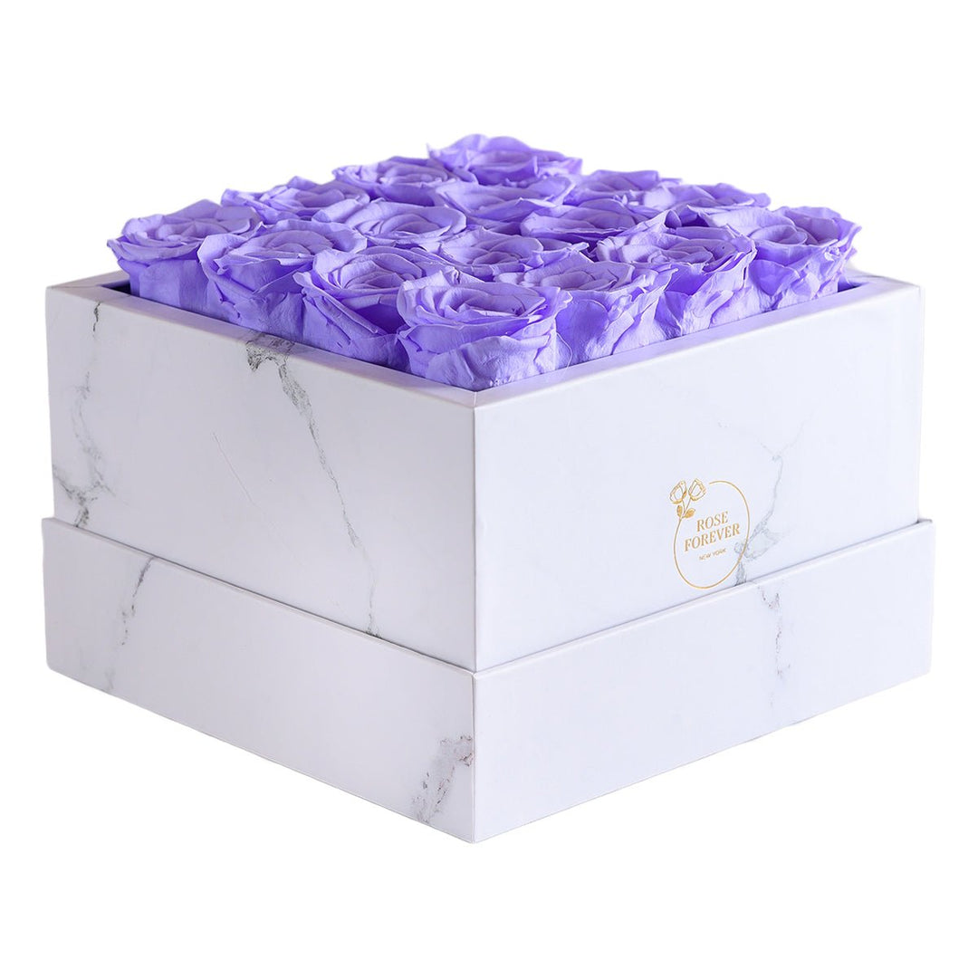 16 Lavender Roses - White Square Marble Box - Rose Forever