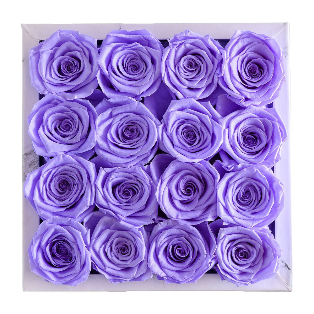 16 Lavender Roses - White Square Marble Box - Rose Forever