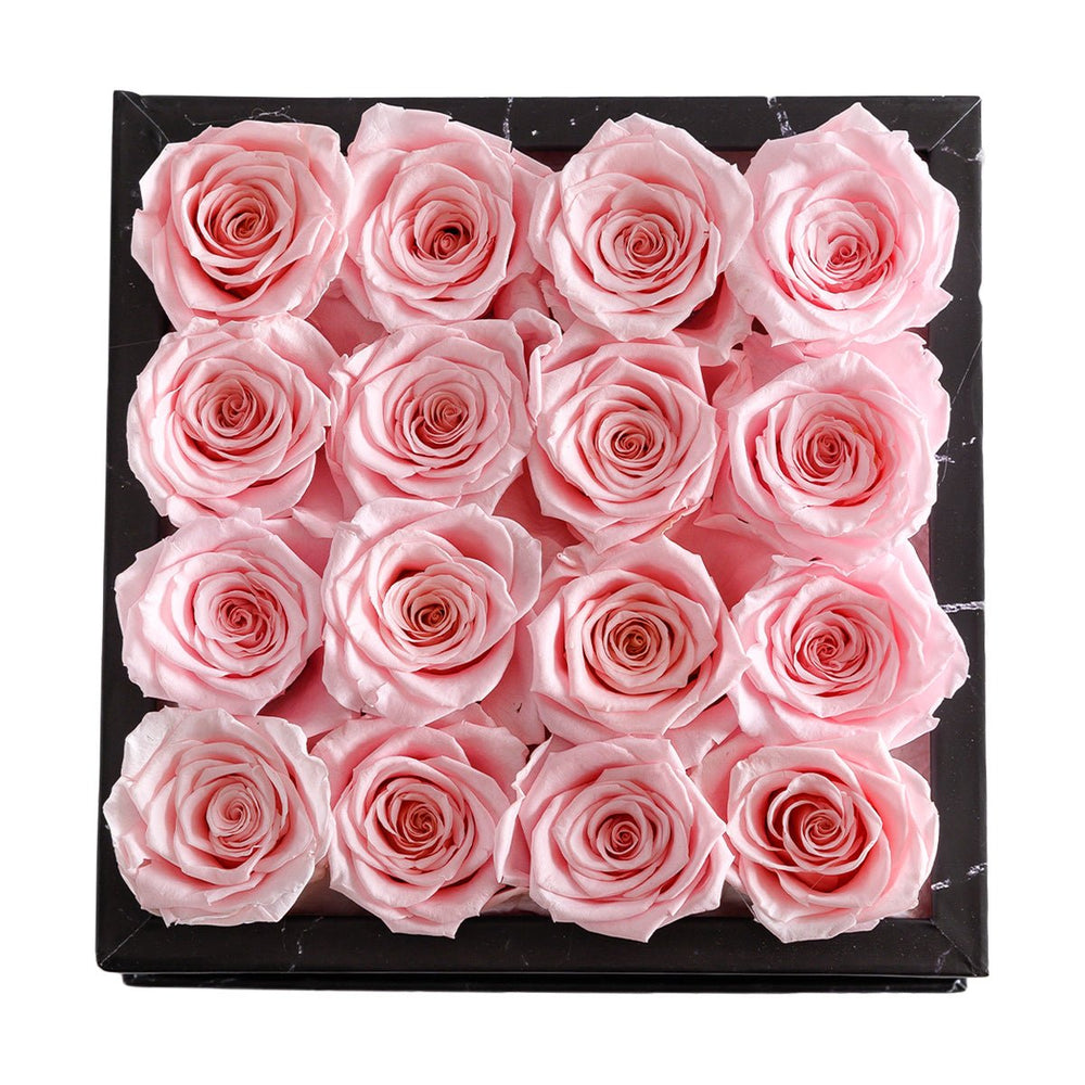 16 Light Pink Roses - Black Marble Square Box - Rose Forever