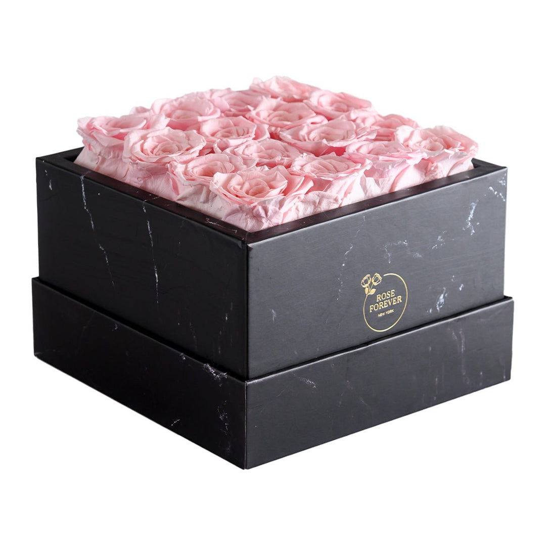 16 Light Pink Roses - Black Marble Square Box - Rose Forever