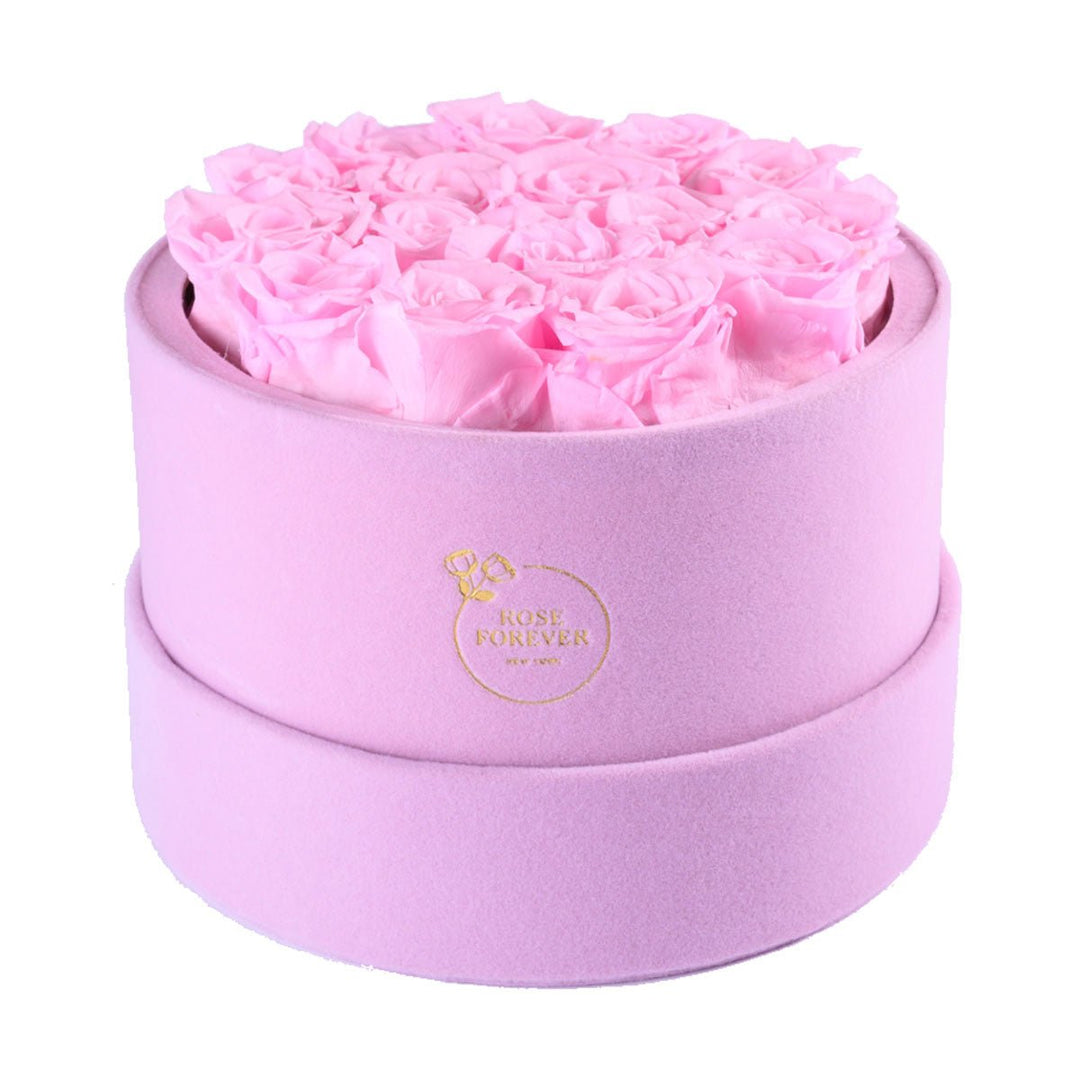 16 Light Pink Roses - Pink Round Suede Box - Rose Forever