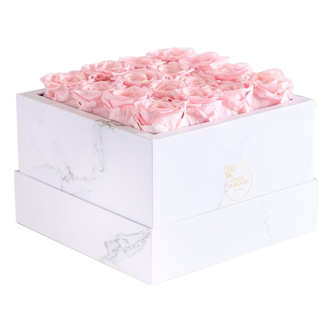 16 Light Pink Roses - White Square Marble Box - Rose Forever