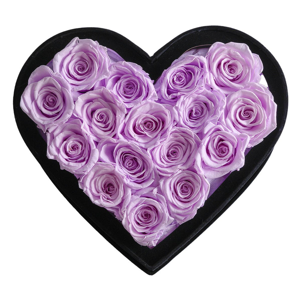 16 Lilac Roses - Black Heart Box - Rose Forever