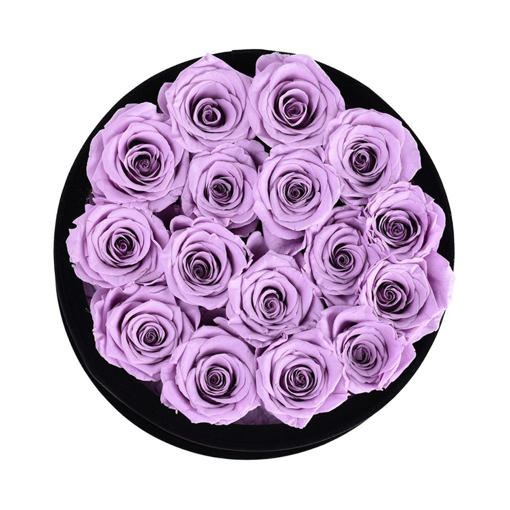 16 Lilac Roses - Black Round Velvet Box - Rose Forever