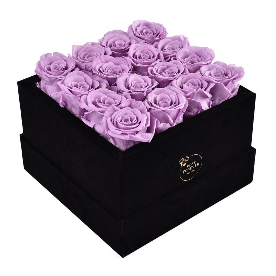 16 Lilac Roses - Black Square Velvet Box - Rose Forever