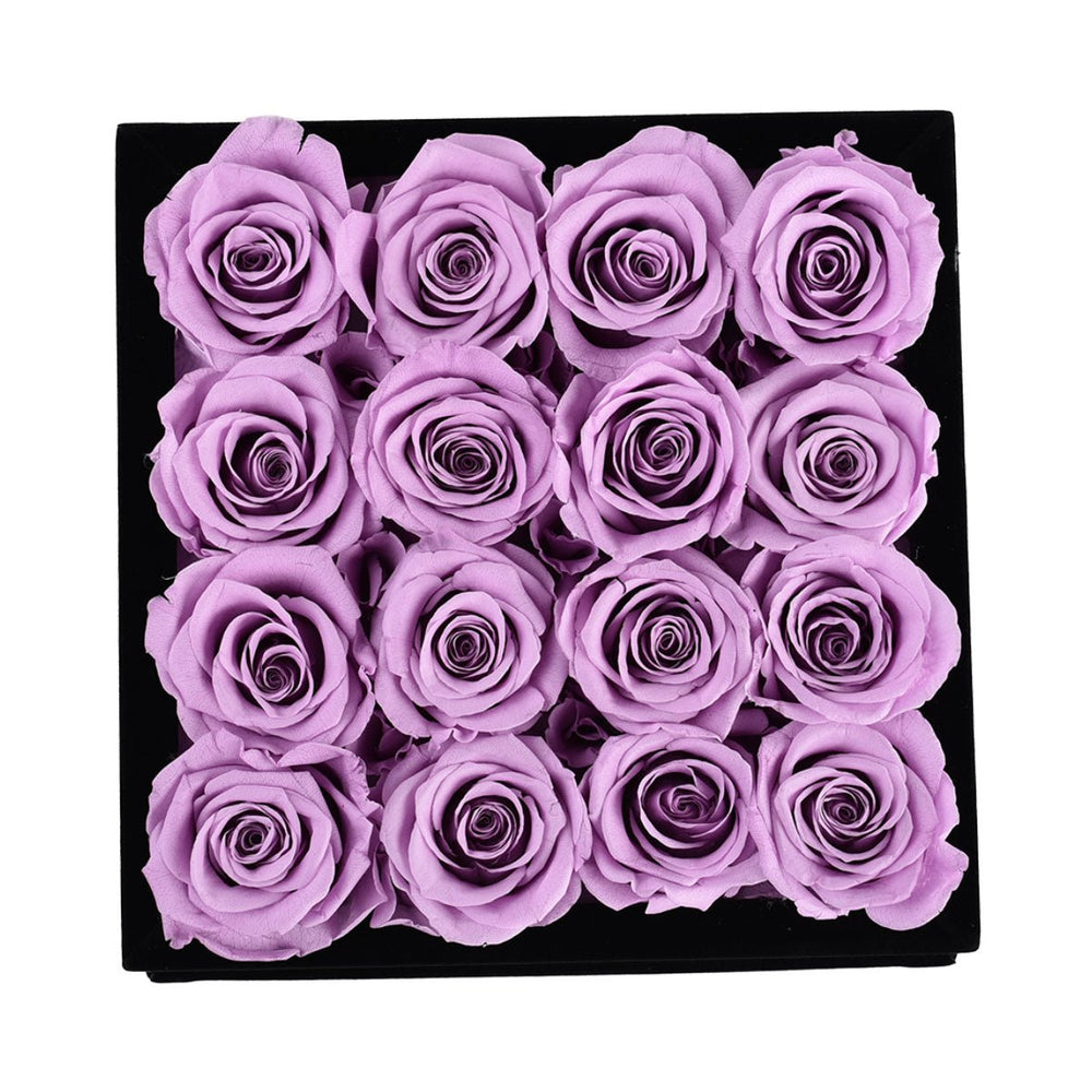 16 Lilac Roses - Black Square Velvet Box - Rose Forever