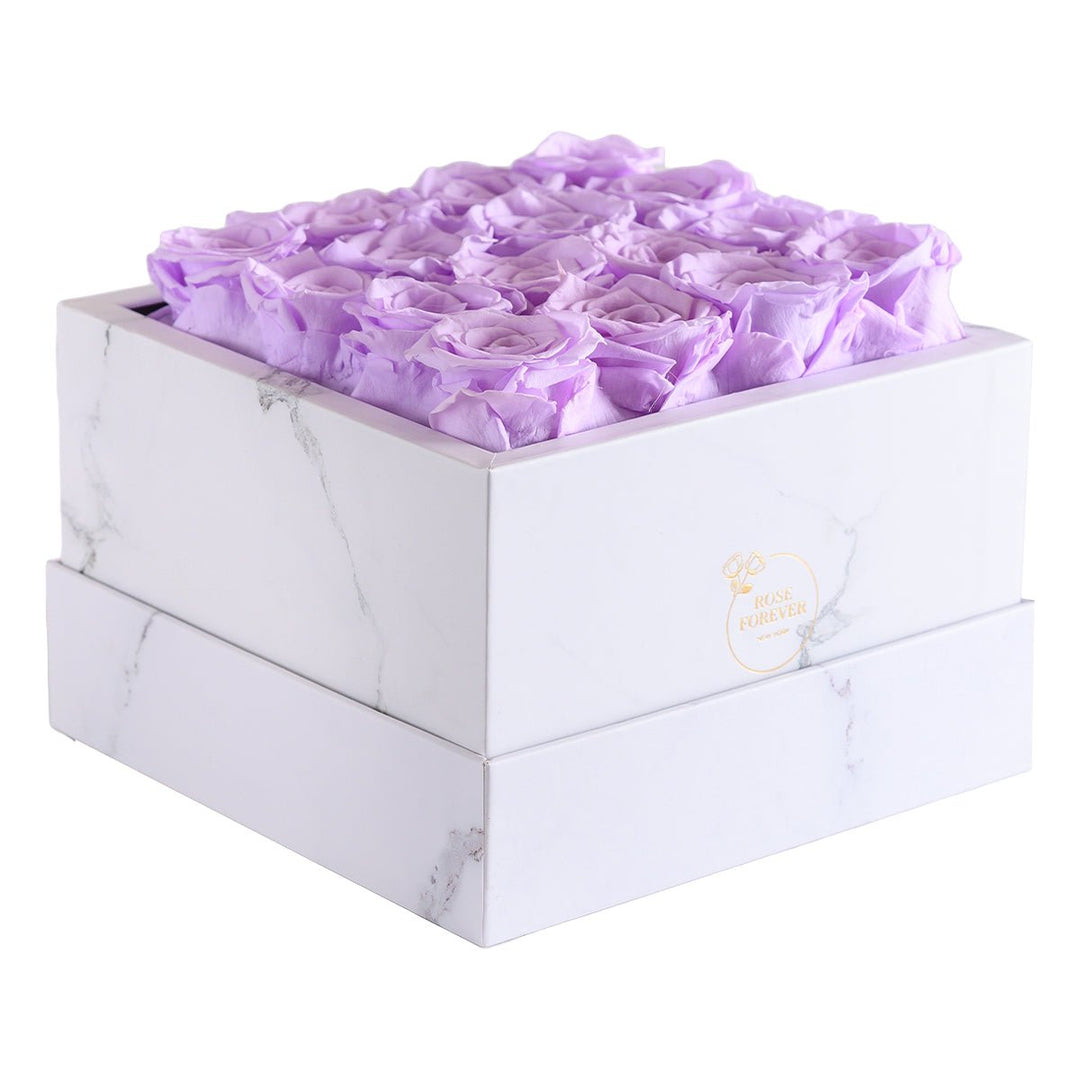 16 Lilac Roses - White Square Marble Box - Rose Forever