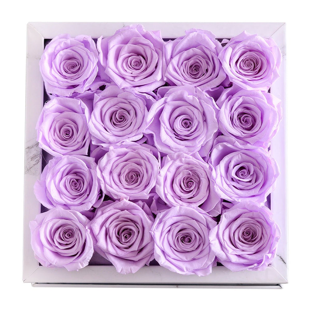 16 Lilac Roses - White Square Marble Box - Rose Forever