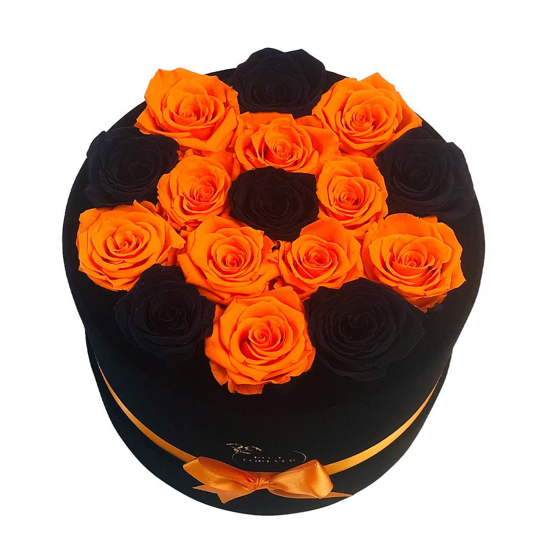 16 Orange & Black Roses Arrangement - Round Box - Rose Forever
