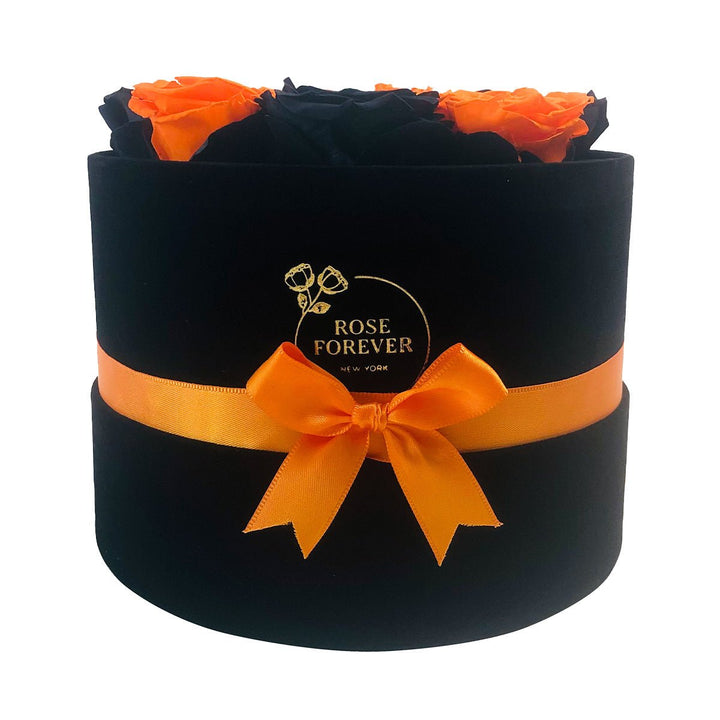 16 Orange & Black Roses Arrangement - Round Box - Rose Forever