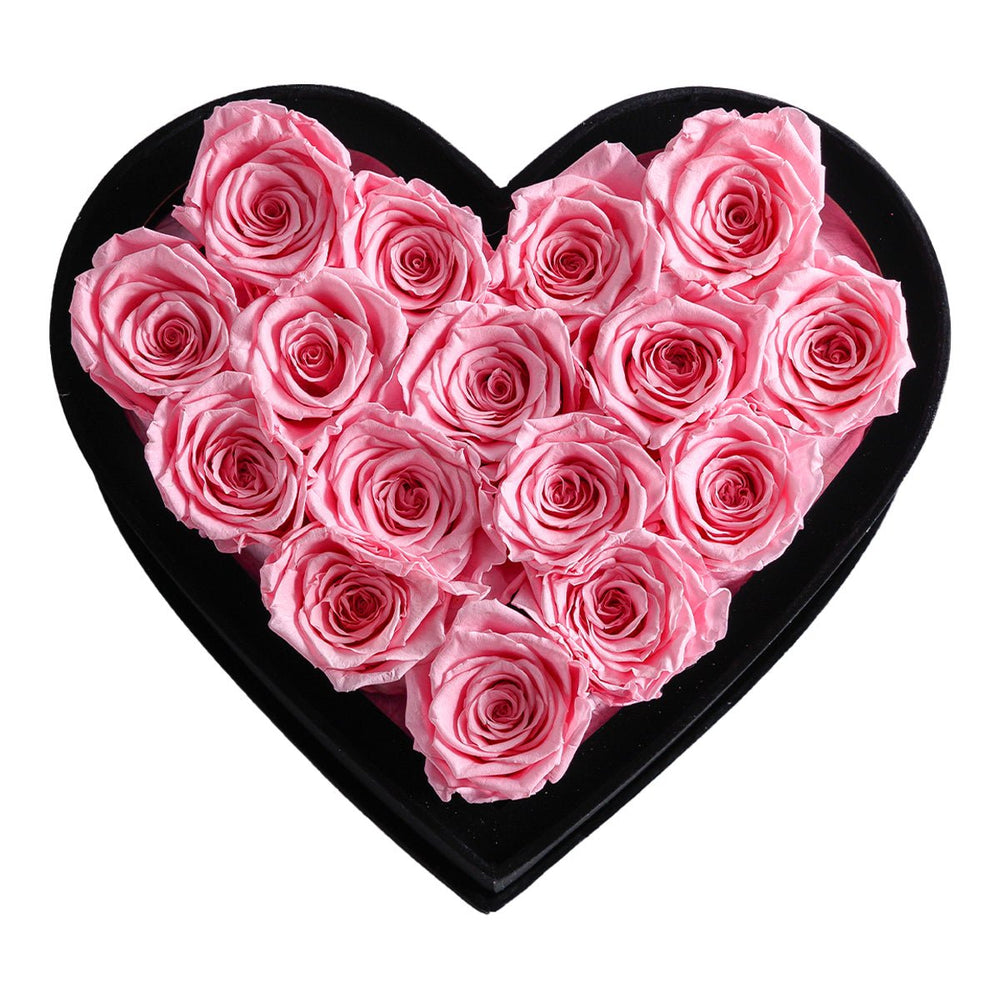 16 Pink Roses - Black Heart Box - Rose Forever