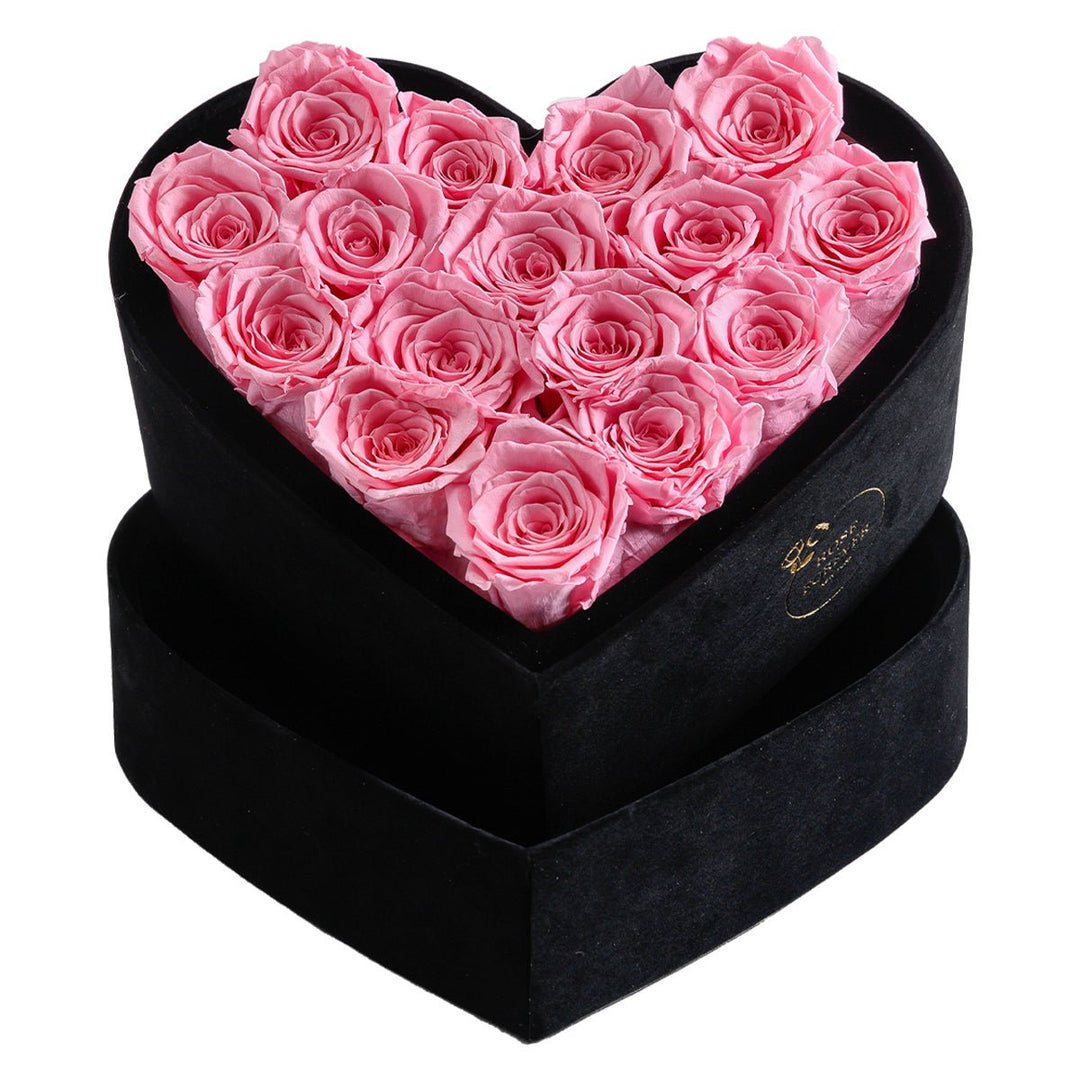 16 Pink Roses - Black Heart Box - Rose Forever