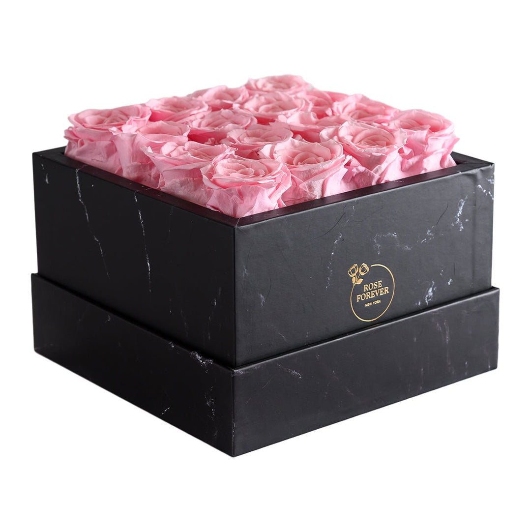 16 Pink Roses - Black Marble Box - Rose Forever
