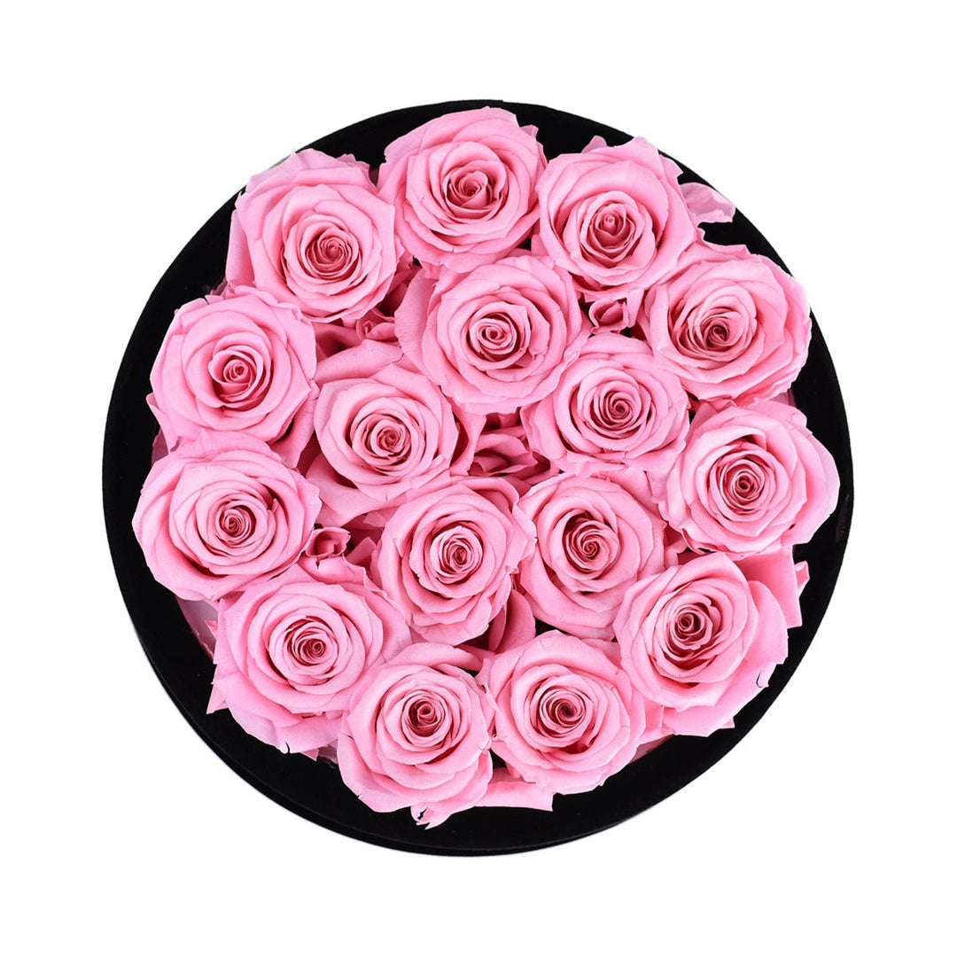 16 Pink Roses - Black Round Velvet Box - Rose Forever