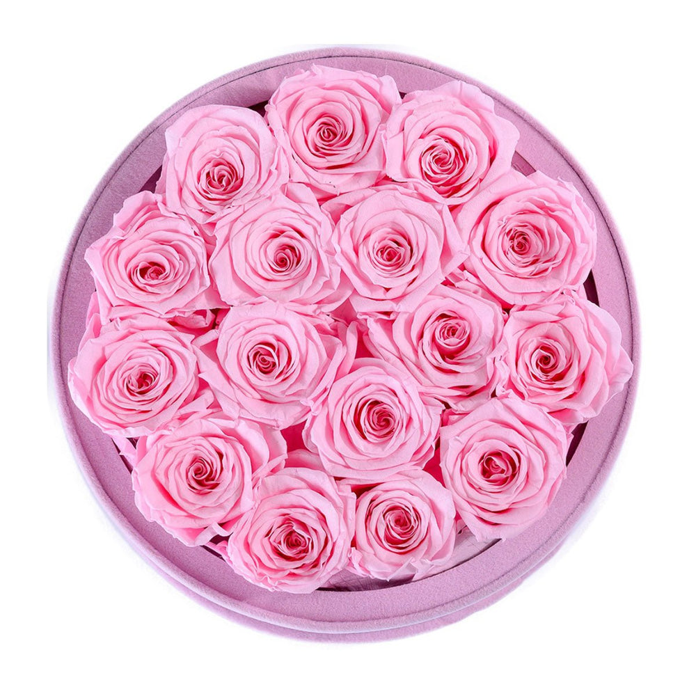 16 Pink Roses - Pink Round Suede Box - Rose Forever