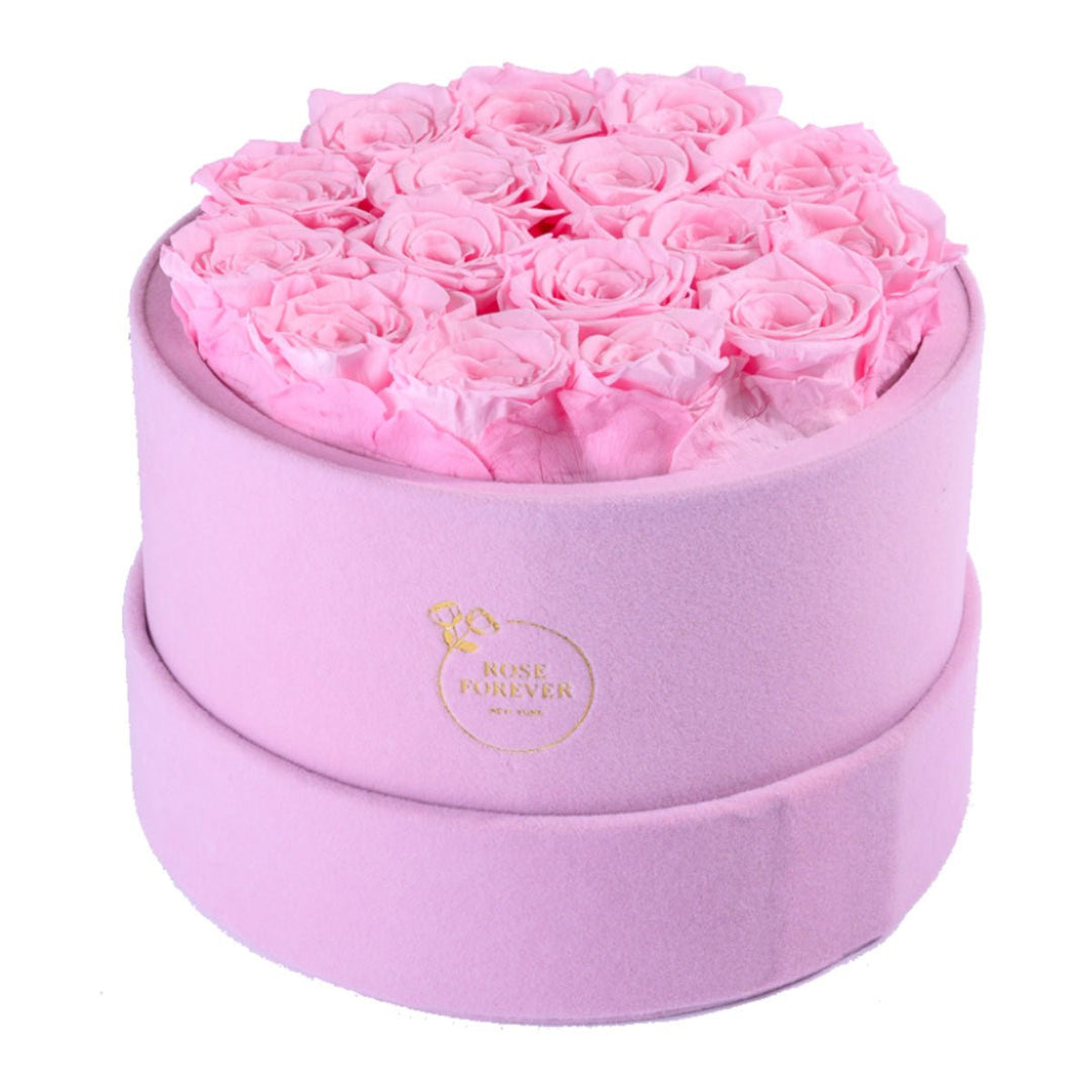 16 Pink Roses - Pink Round Suede Box - Rose Forever