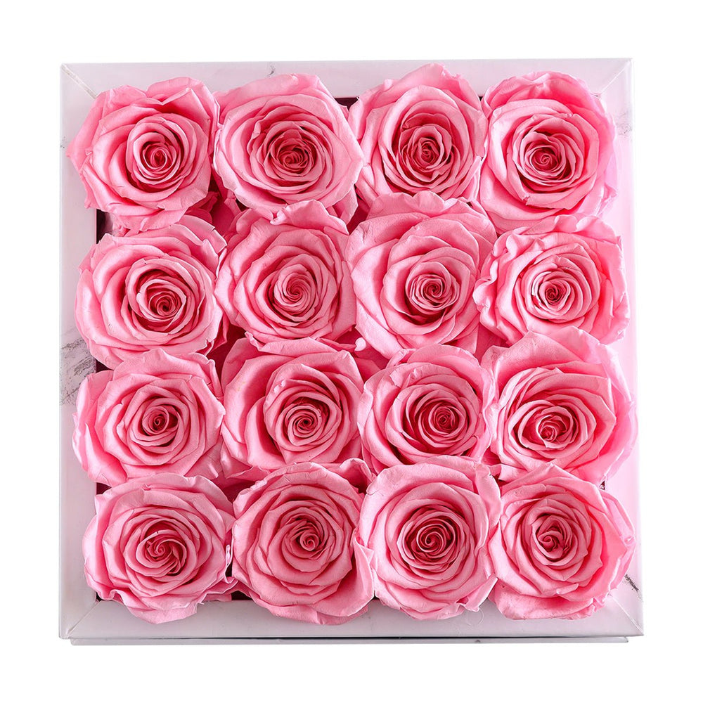 16 Pink Roses - White Square Marble Box - Rose Forever